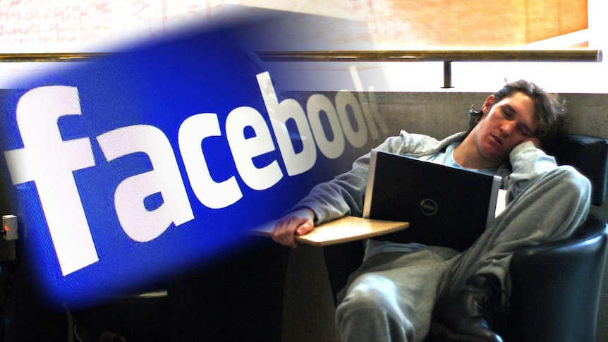 Man slumps in front of his laptop compiled with the Facebook logo