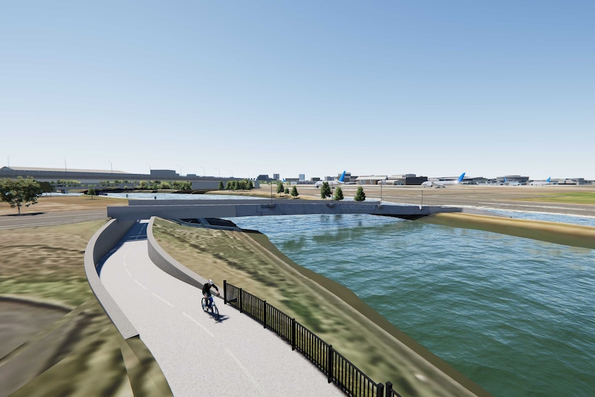 A digital mock up of a cycleway and pedestrian path near the airport