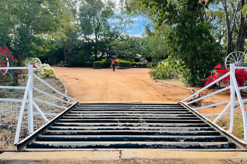 A grid leads on to the dirt driveway to the Darriveen homestead, surrouned by lush greenery