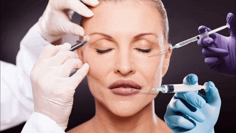 Woman with injectors and lines on face getting cosmetic surgery.