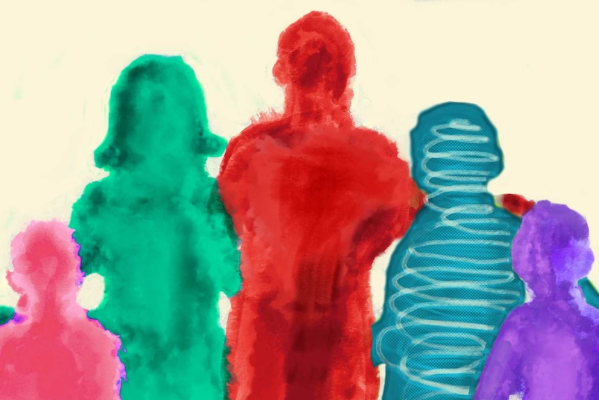 A drawing of five figures of different colours with one figure scratched out representing a missing person