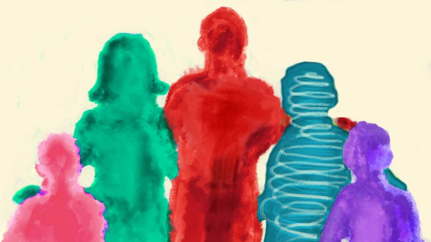 A drawing of five figures of different colours with one figure scratched out representing a missing person
