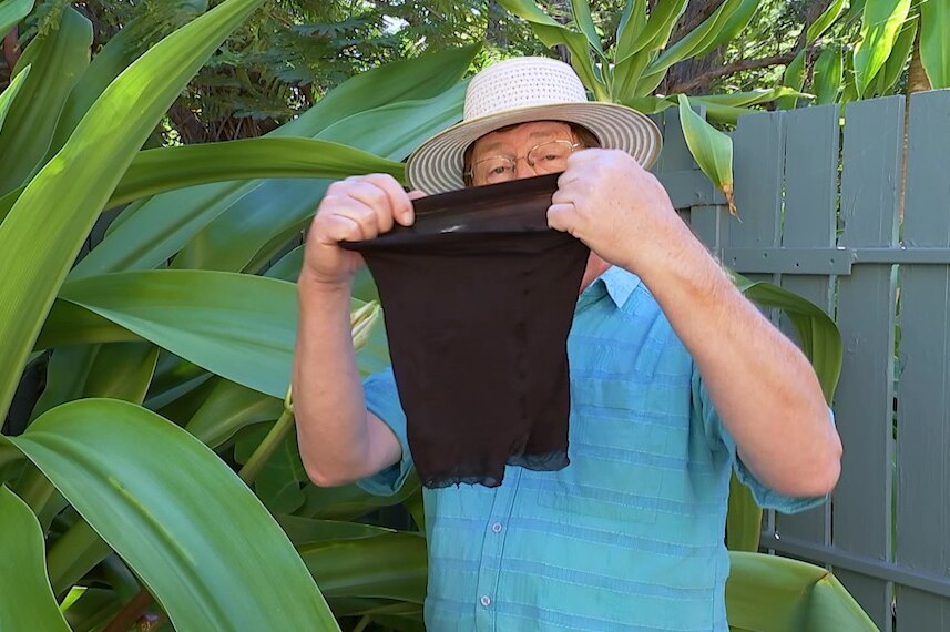 Gardening Australia's Jerry Coleby-Williams holds pantyhose over the bottom of his face, illustrating our episode recap.
