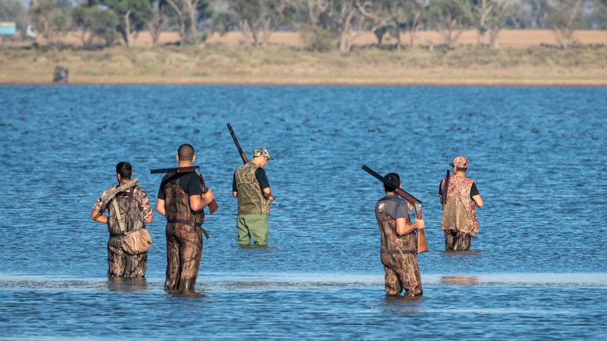 Five men, three holding guns, stand in water in camouflage clothing. Trees are in the background.