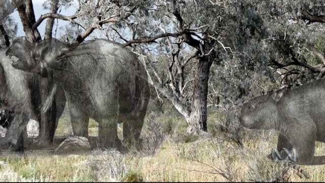 Computer image of ancient megafauna roaming between trees