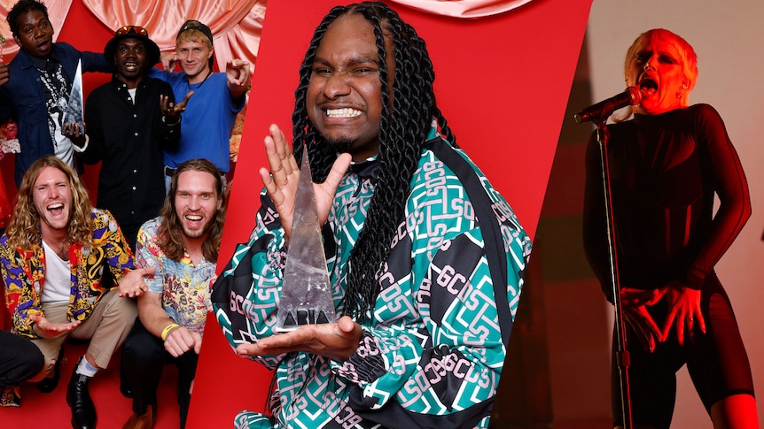 A collage of ARIA Awards 2022 winners King Stingray, Baker Boy and Amy Taylor from Amyl & The Sniffers performing