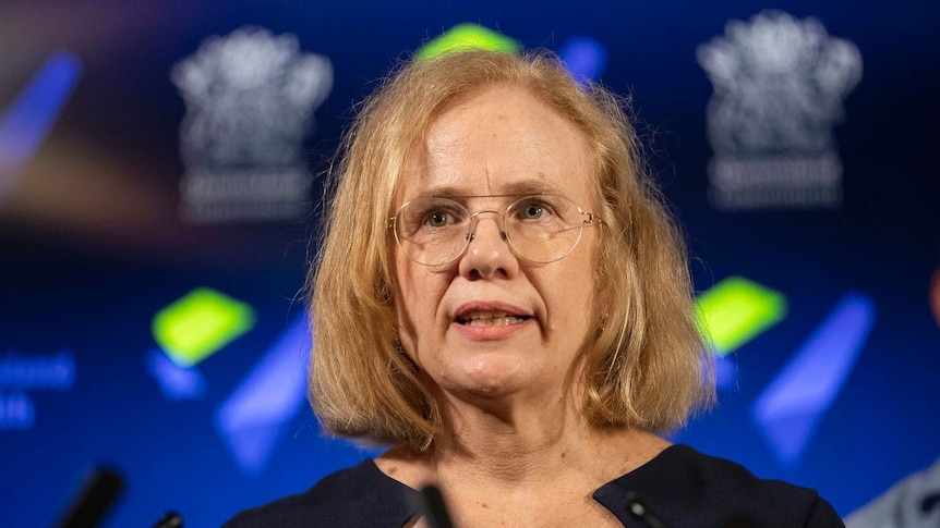 Queensland Chief Health Officer Jeannette Young wears glasses in front of a microphone, behind her is the Qld government logo.