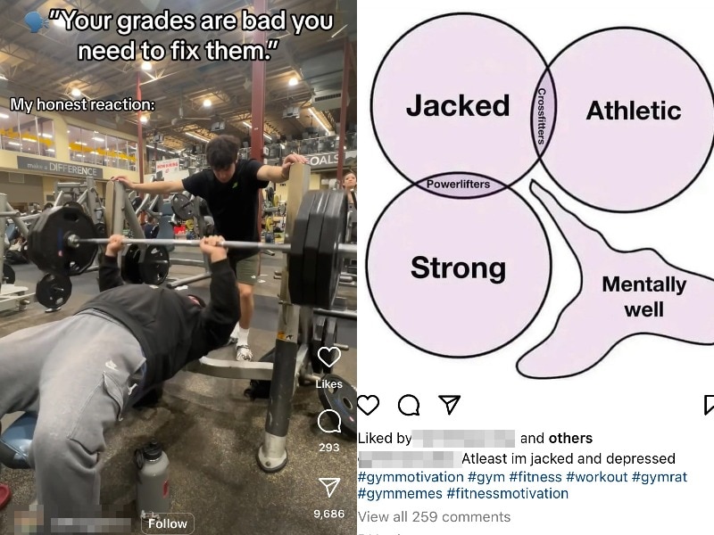 Two screenshots of instagram posts featuring content by young men about going to the gym
