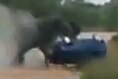 Screenshot of elephant overturning car in Kruger National Park in South Africa.