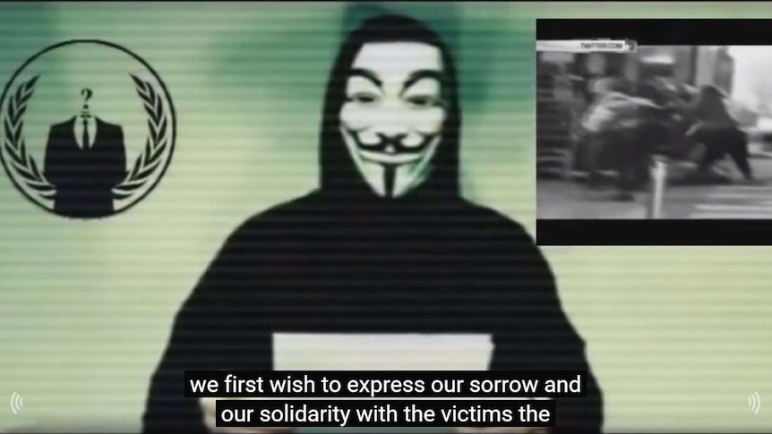 A screenshot of an Anonymous spokesperson announcing Operation Paris