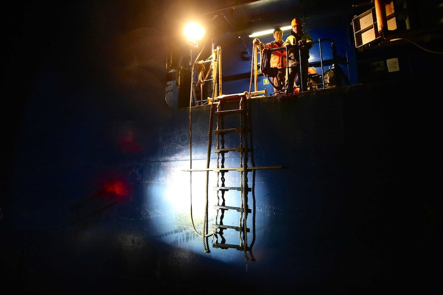 A rope ladder on the side of a container ship at night.