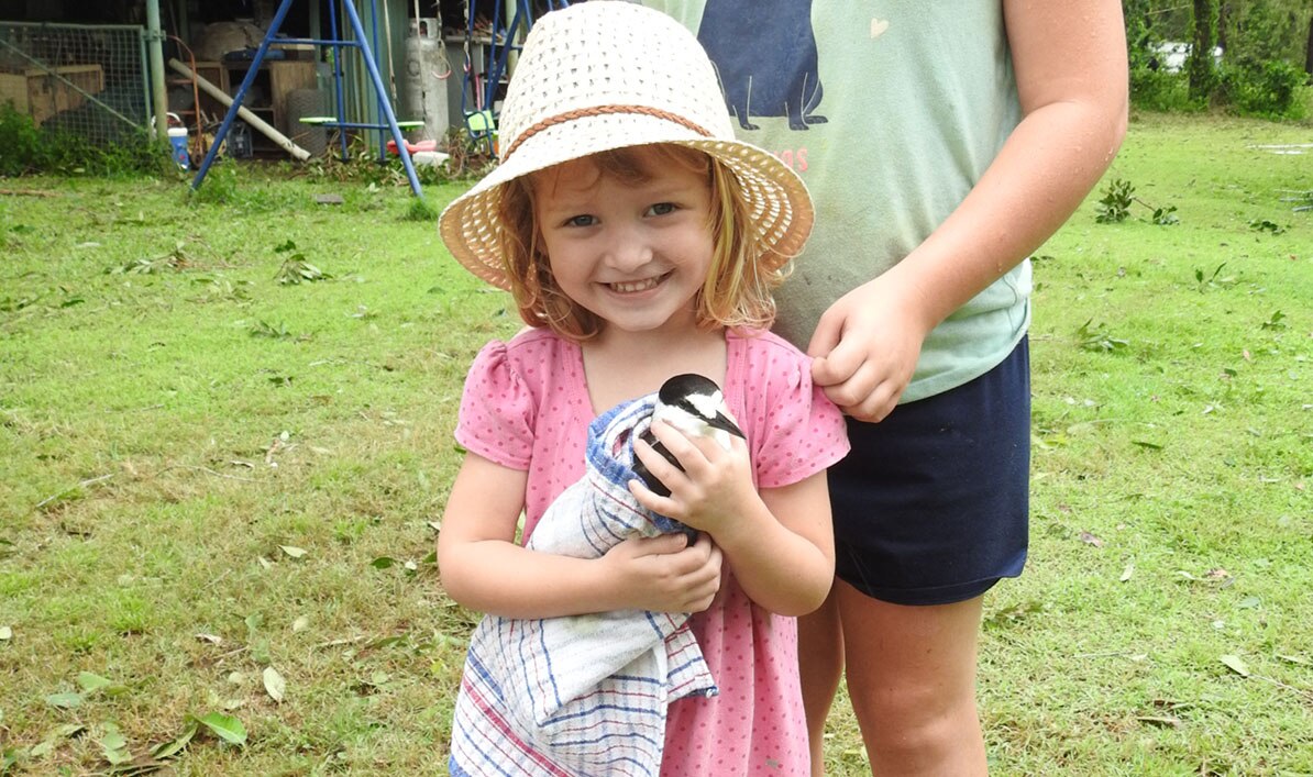 Little girl holding an injured bird