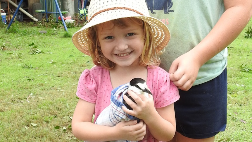 Little girl holding an injured bird