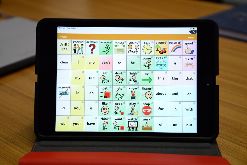 A tablet computer showing a group of selectable words and animations