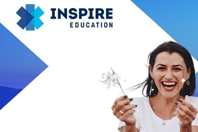 Inspire Education on LinkedIn cover photo in October 2022 showing logo in top left hand corner, couple holding sparklers