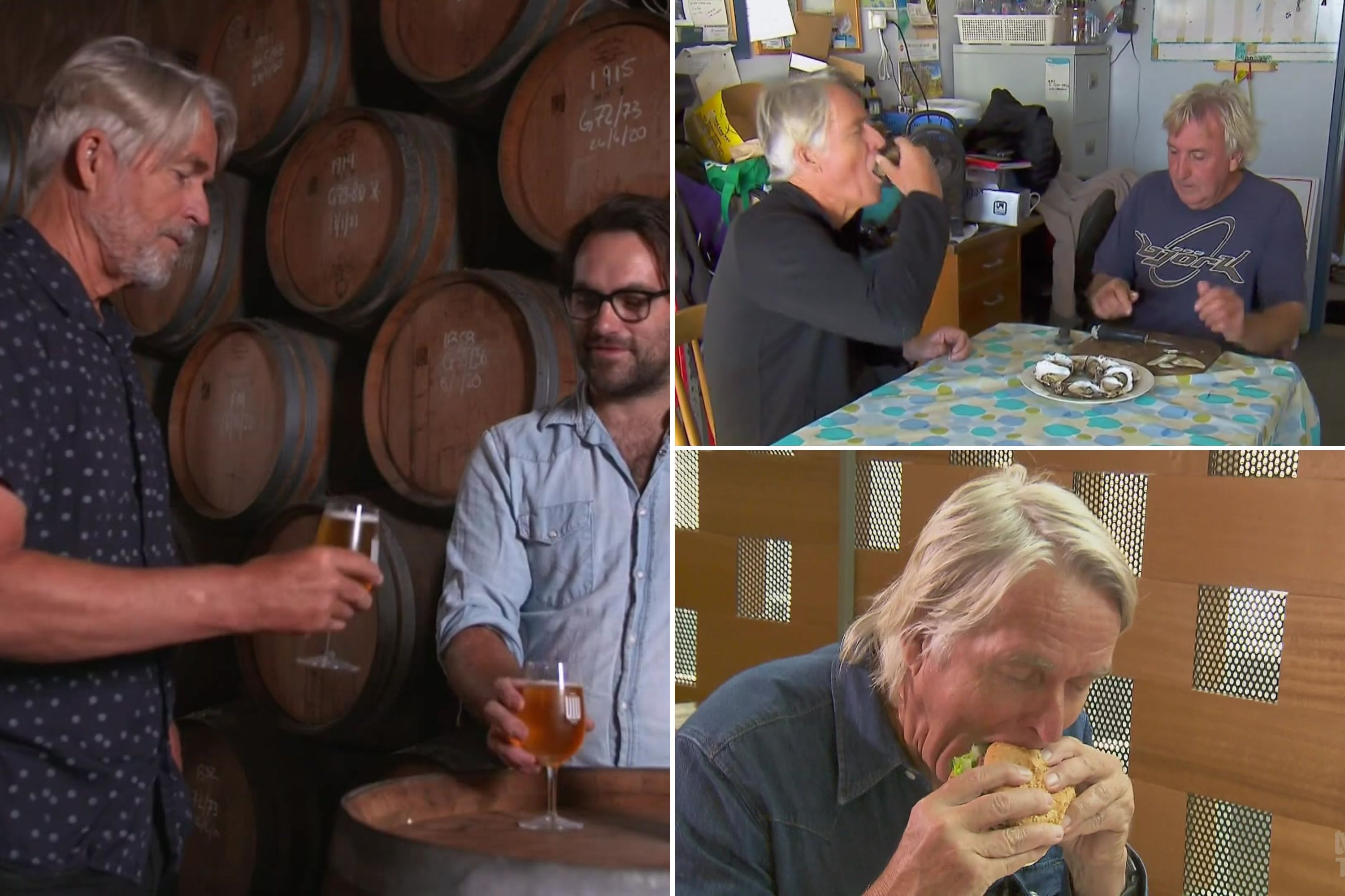 A collage of three photos showing men eating and drinking