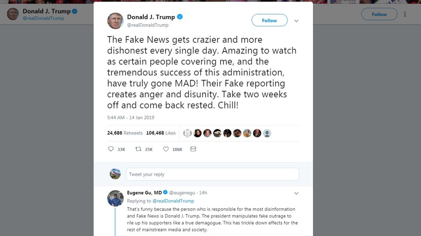 A screenshot of a Donald Trump tweet about "fake news" with a reply from Eugene Gu.