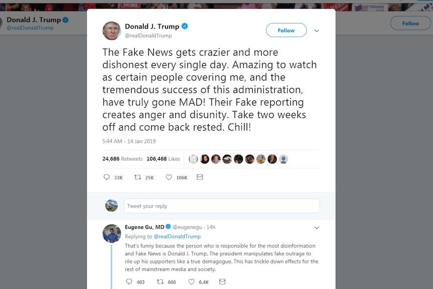 A screenshot of a Donald Trump tweet about "fake news" with a reply from Eugene Gu.