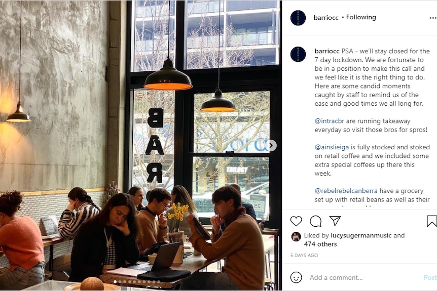 An Instagram post showing people sitting at the cafe and lines about why they're closing.