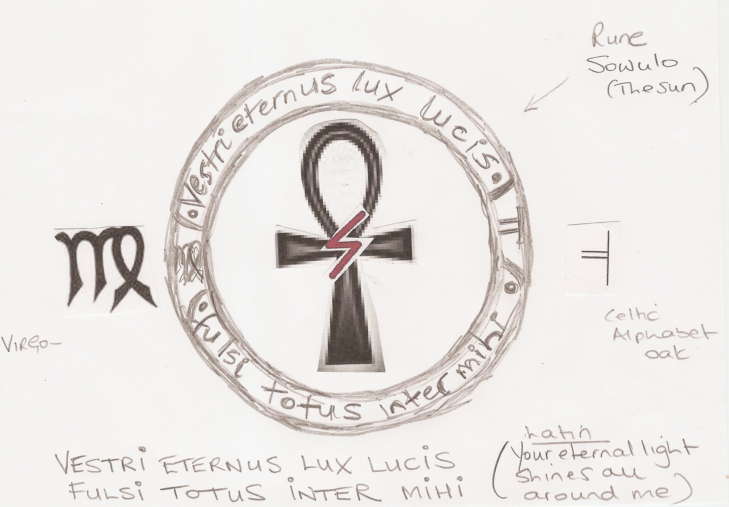 A sketch of a circular tattoo design with Latin words for a story on getting a memorial tattoo after losing a son.  