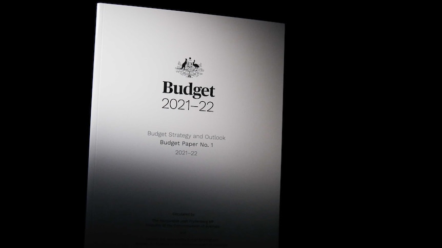 A monotone budget document is visible on a dark background.