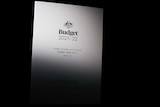 A monotone budget document is visible on a dark background.