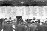 A crowd watches 1902 election results being posted in Adelaide.
