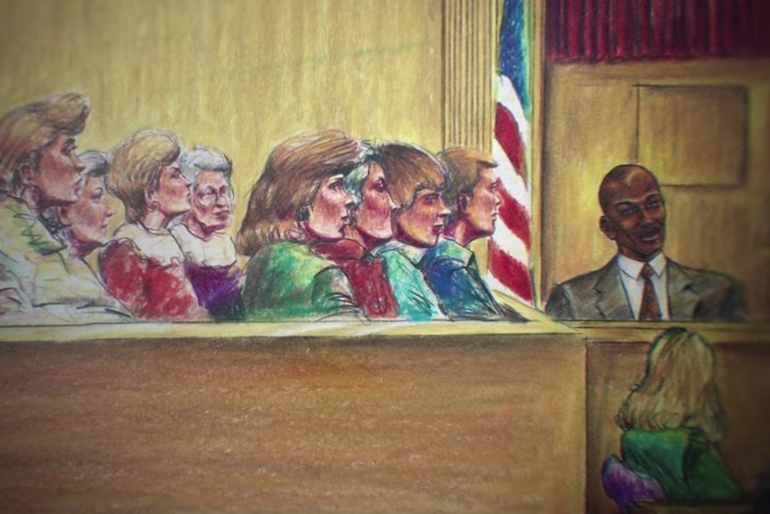 A court sketch of Michael Jordan in the witness box during the trial of Slim Bouler.