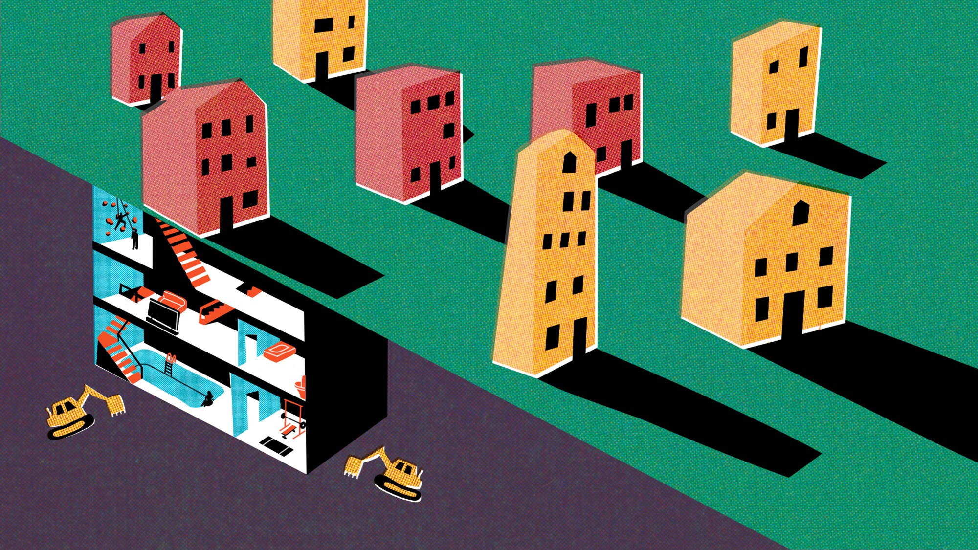 Tall houses with dark windows cast tombstone-like shadows, while underneath an enormous bunker lies empty.