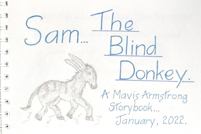 Front cover of a story book with the words Sam the blind donkey