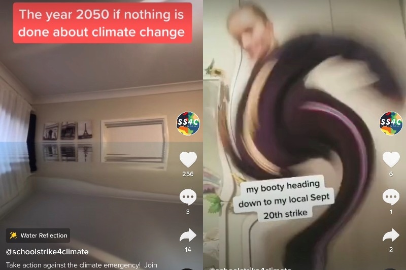A composite image of two screenshots of two School Strike 4 Climate's TikTok videos.