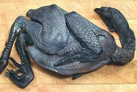 A Silkie Bantam, with black meat and black bones, after processing.