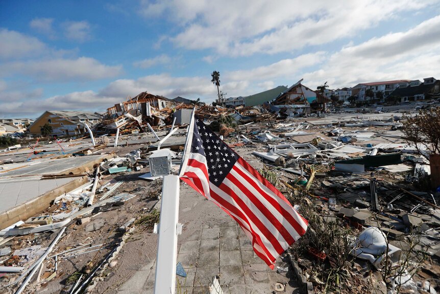 American flag flies amid devastation from Hurricane Michael