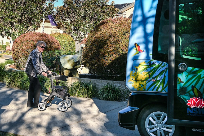 A resident walks towards the robot bus with a Zimmer frame.