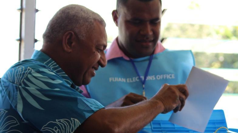 Frank Bainimarama casts his vote