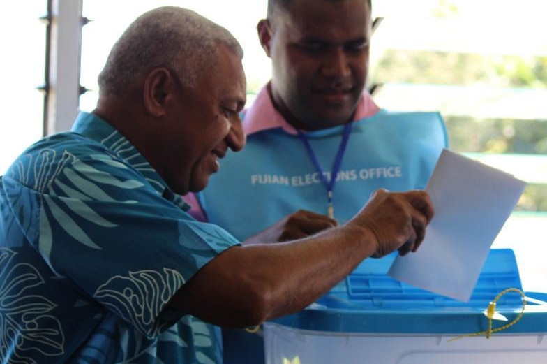 Frank Bainimarama casts his vote