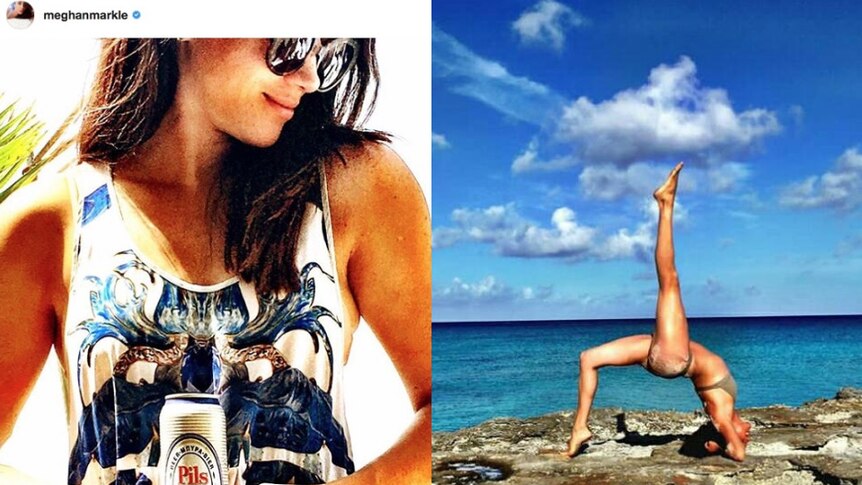 two pictures from Meghan Markle's instagram, a yoga pose and holding a beer.