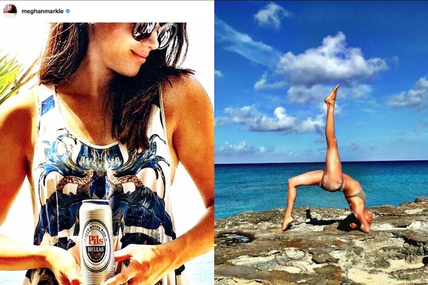 Two pictures from Meghan Markle's instagram, a yoga pose and holding a beer.