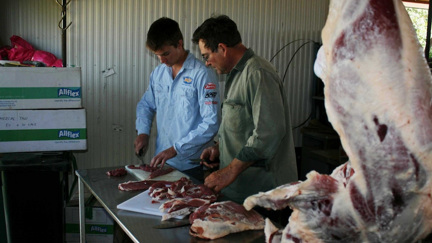 Two men cutting up meat with a beef carcass hanging in the corner.