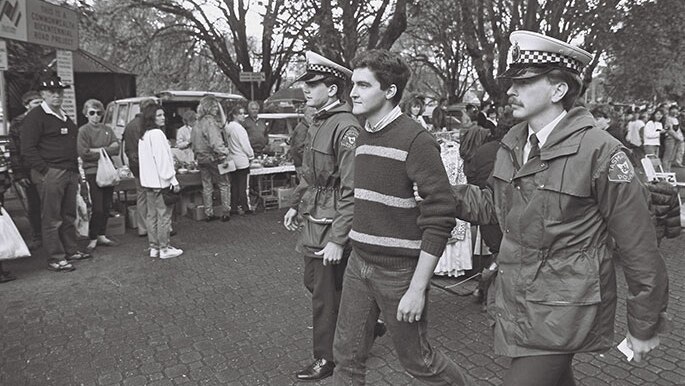 Rodney Croome arrested at the Salamanca Market in 1988