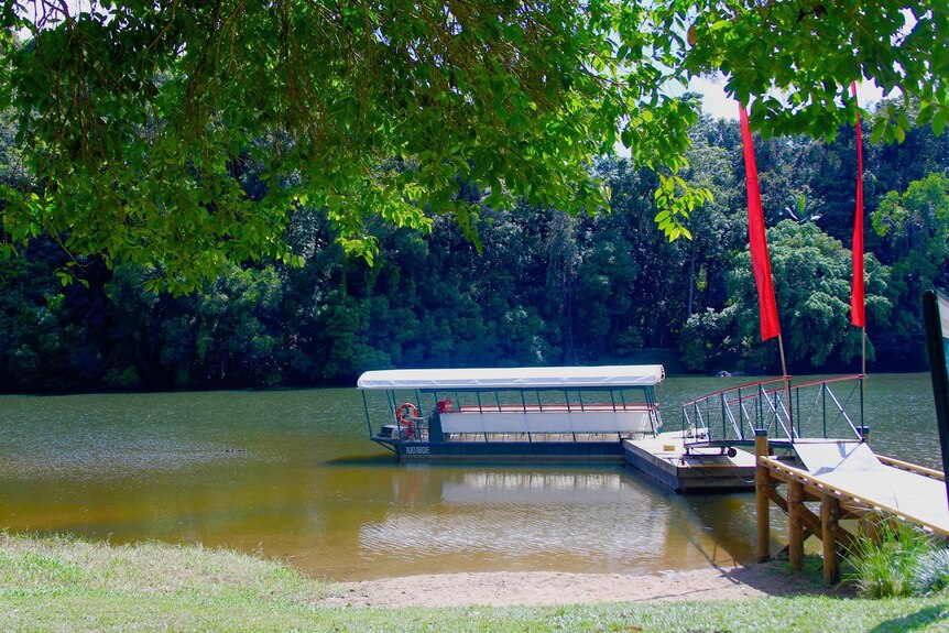 A small river jetty and pontoon with a moored covered tour boat, red flags, greenery.
