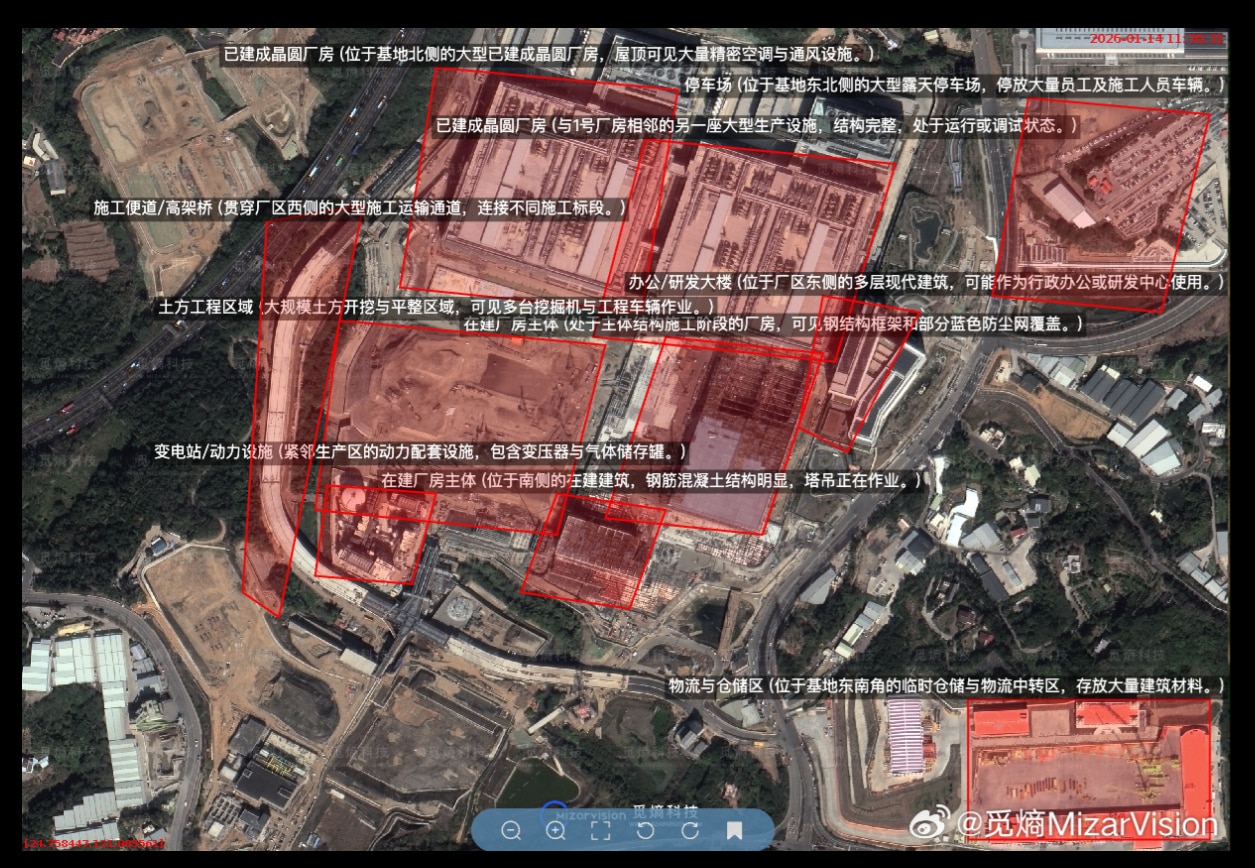 A satellite image of structures with sections shown in red.