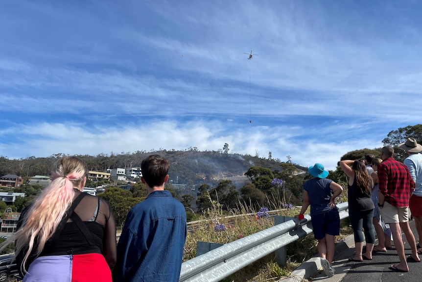people standing up against a railing looking over at a hill where a helicopter is fighting a blaze among trees during day