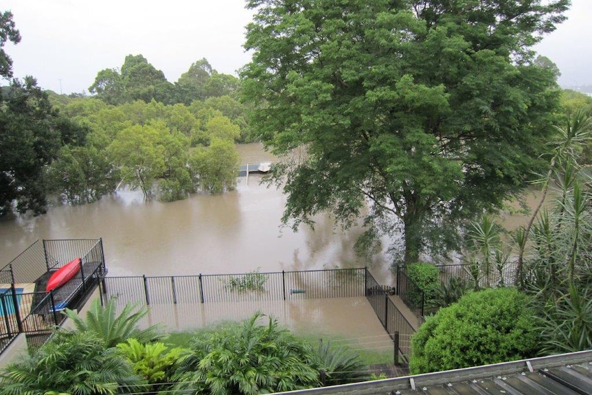 The flooded backyard of a home.