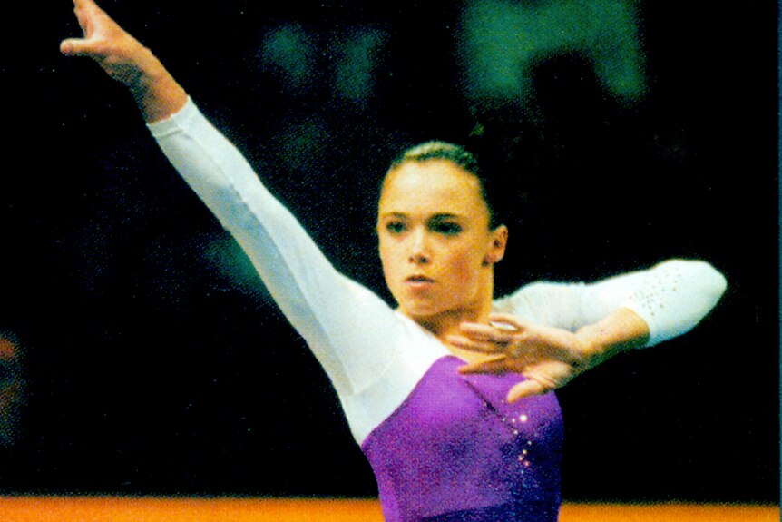A photo taken in 1998 of an Australian gymnast competing in the United States.
