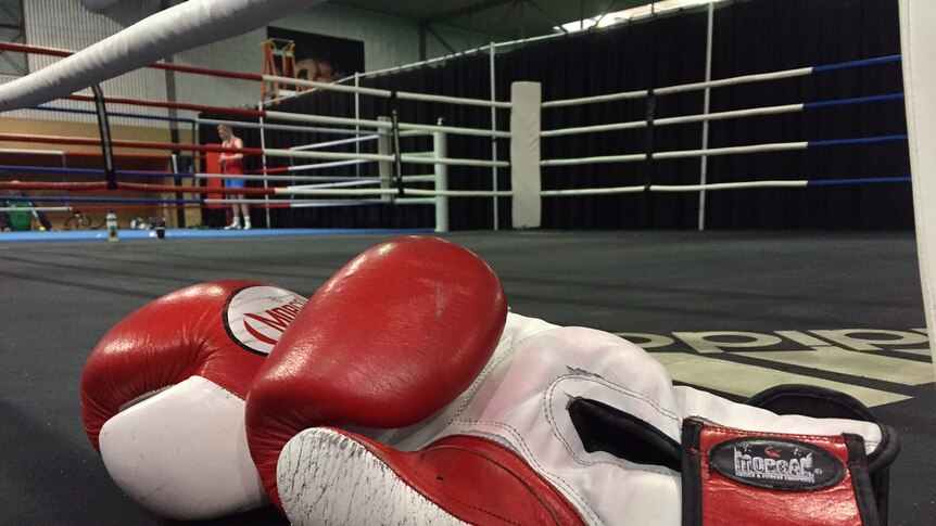 Boxing gloves at the side of the ring during a training session