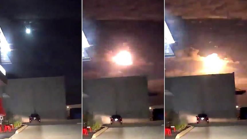 A three-image composite showing a bright flash in the sky over a carpark, getting closer to the ground.