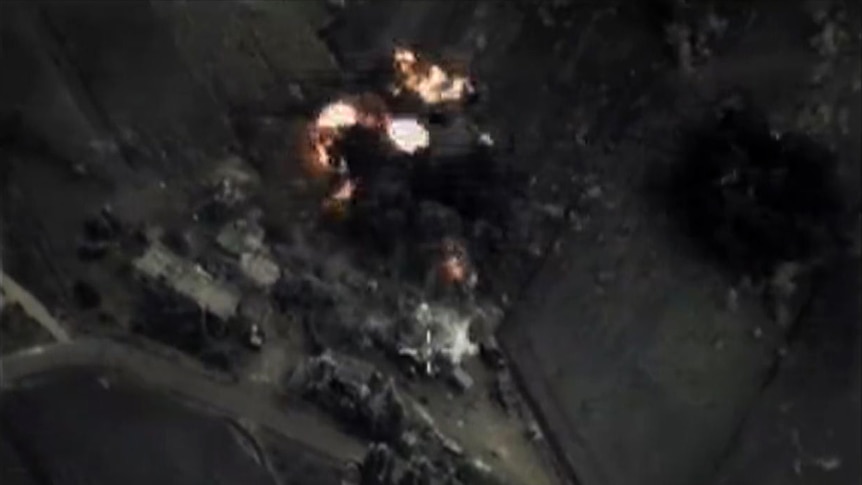 A video grab purporting to show a Russian airstrike in Syria