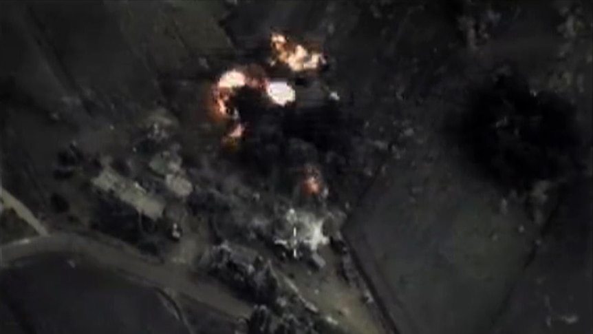 A video grab shows Russian airstrike in Syria