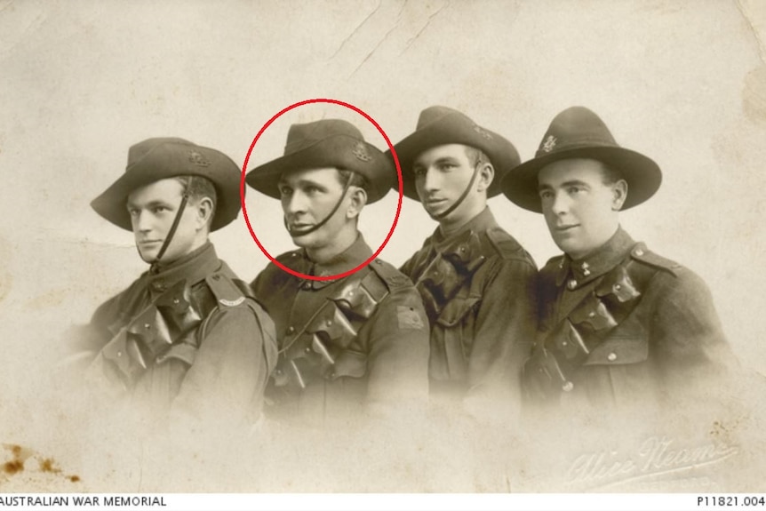 old photograph of Sapper Charles John Richardson with three other WW1 soldiers